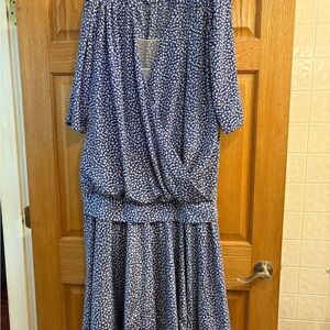 Vtg Whispers Drop Waist Floral Pleated Peplum Dress Size Blue White Women’s 18W